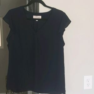 Dark navy, v neck, ruffled shoulder tank, Medium